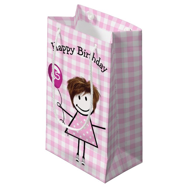 Petit Sac Cadeau 65e Anniversaire Stick Girl avec ballon rose (Devant Angle)