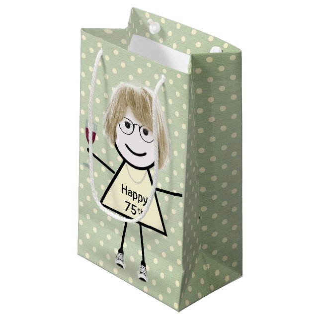 Petit Sac Cadeau 75e Anniversaire Stick Girl sur Pois (Devant Angle)