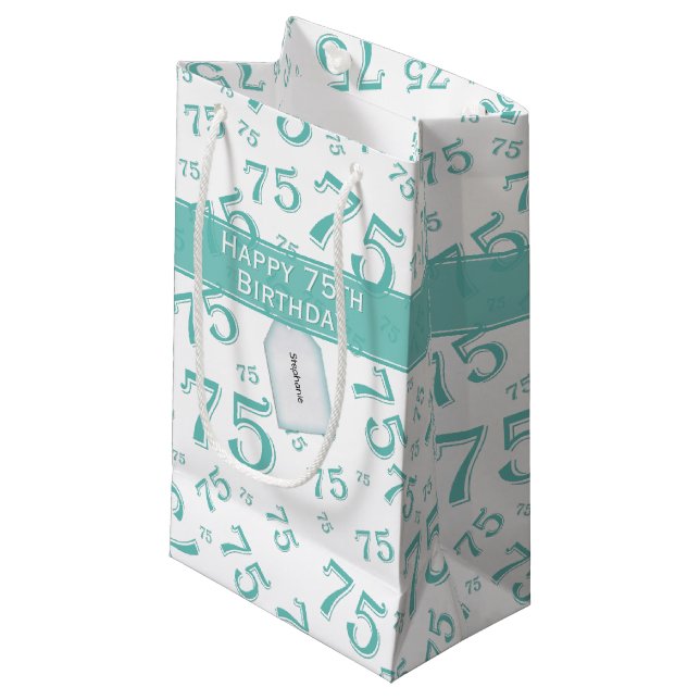 Petit Sac Cadeau 75e Joyeux anniversaire Turquoise/Motif numérique  (Devant Angle)