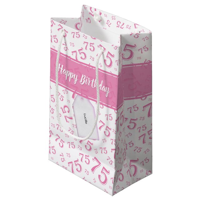 Petit Sac Cadeau 75e Joyeux Motif de numéros rose/blanc (Devant Angle)