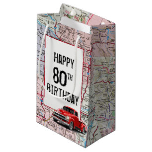 Petit Sac Cadeau 80e anniversaire Camion rouge Retro sur la carte