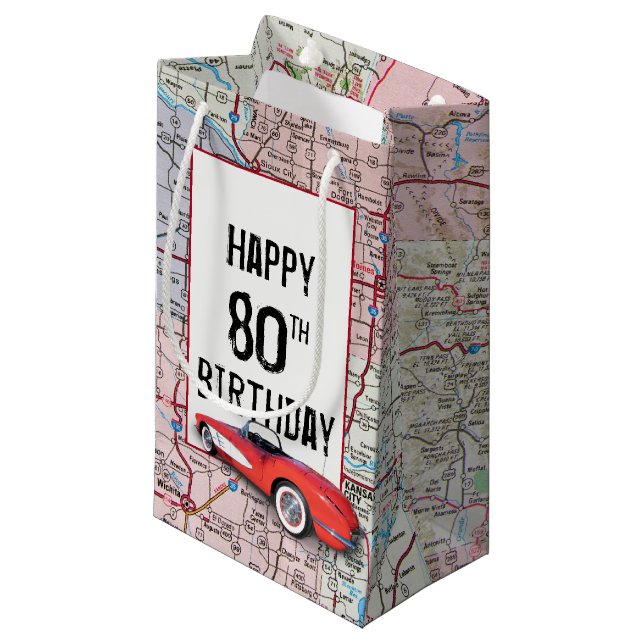 Petit Sac Cadeau 80e Anniversaire Corvette Rétro sur la carte (Devant Angle)