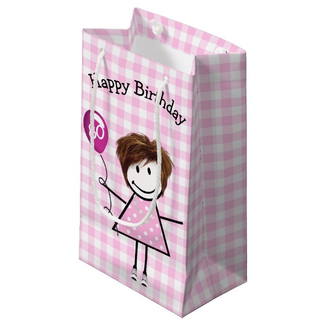 Petit Sac Cadeau 80e Anniversaire Stick Girl avec ballon rose (Devant Angle)