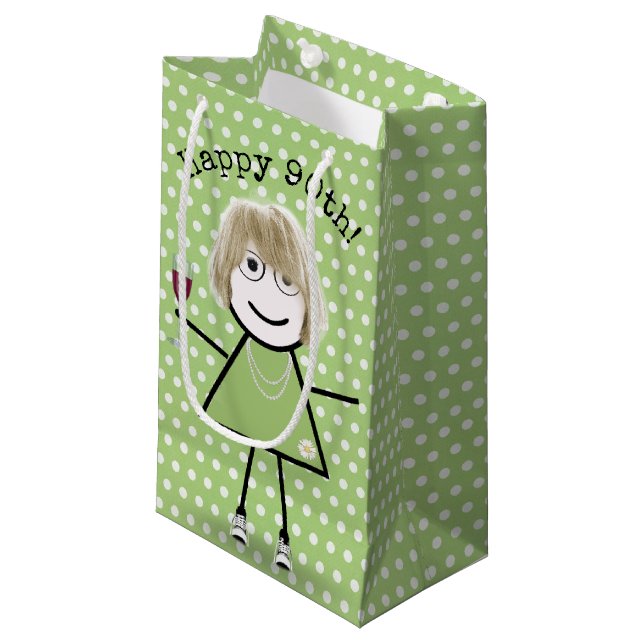 Petit Sac Cadeau 90e Anniversaire Stick Girl avec Verre à Vin (Devant Angle)