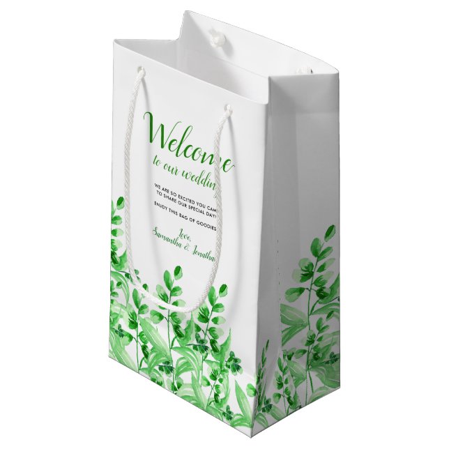 Petit Sac Cadeau Accueil vert du feuillage | d'aquarelle à notre (Devant Angle)
