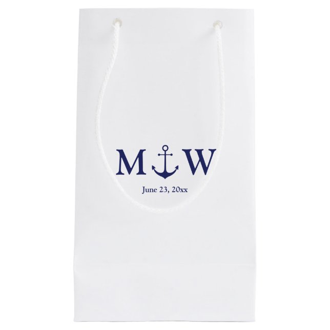 Petit Sac Cadeau ancre nautique mariage marine bleu blanc monogramm (Devant)