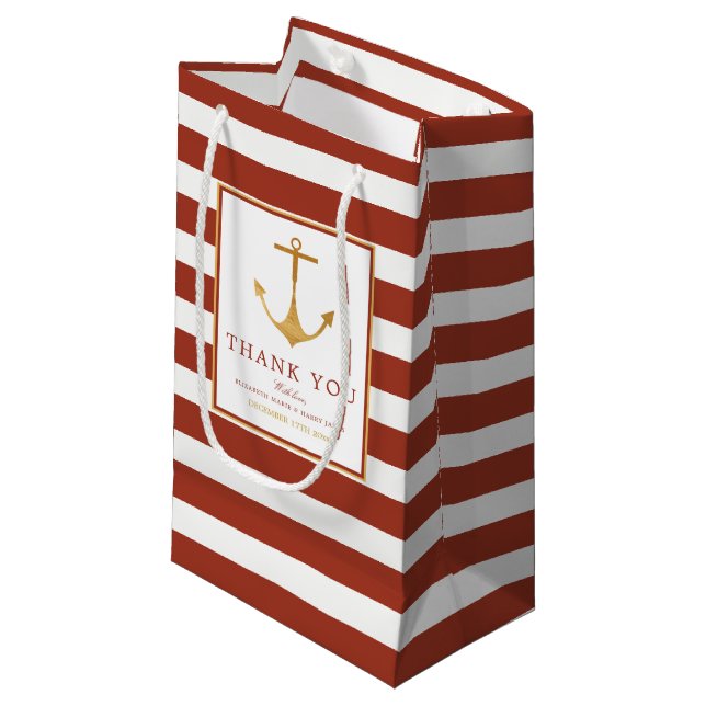 Petit Sac Cadeau Ancre or nautique, brique rouge et Mariage or (Devant Angle)