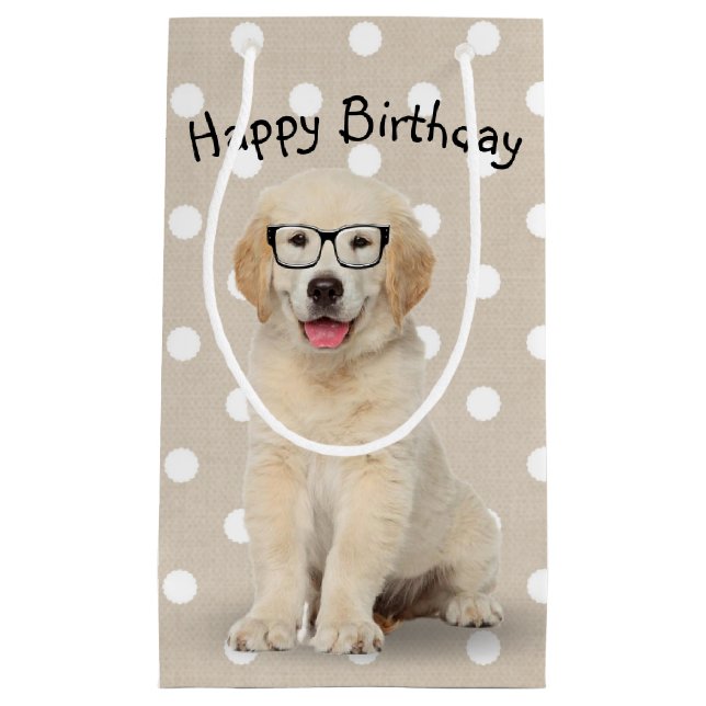 Petit Sac Cadeau Anniversaire Golden Retriever Chiot avec lunettes  (Devant)