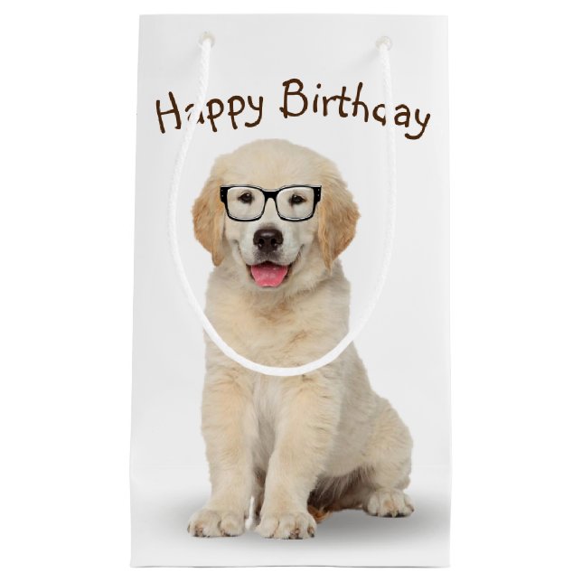 Petit Sac Cadeau Anniversaire Golden Retriever Chiot avec lunettes (Devant)