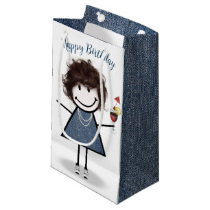 Petit Sac Cadeau Anniversaire Stick Girl avec Cocktail