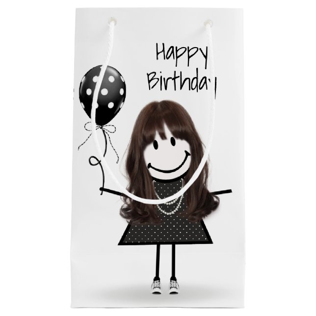 Petit Sac Cadeau Anniversaire Stick Girl avec Polka Dot Balloon (Devant)