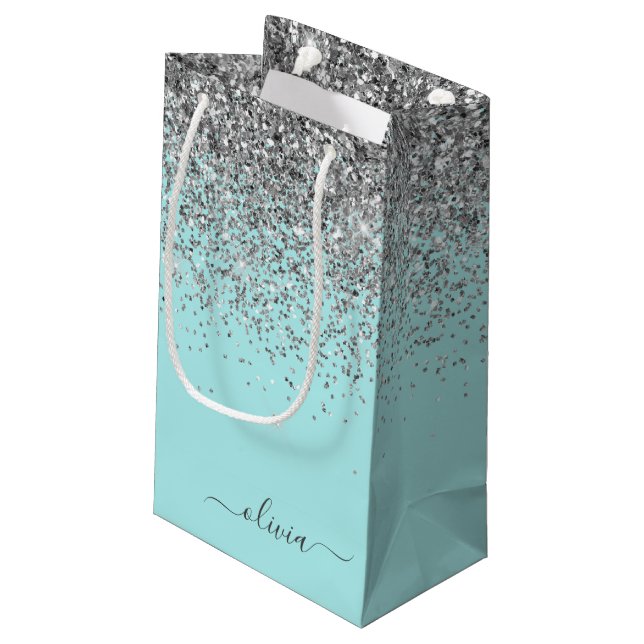 Petit Sac Cadeau Aqua bleu Turquoise Parties scintillant argent Mon (Dos Angle)