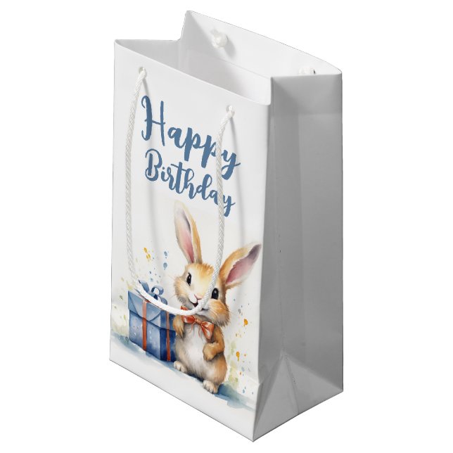 Petit Sac Cadeau Aquarelle Bunny d'anniversaire (Devant Angle)
