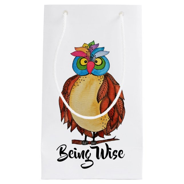 Petit Sac Cadeau Aquarelle Chouette magique avec plumes arc-en-ciel (Devant)