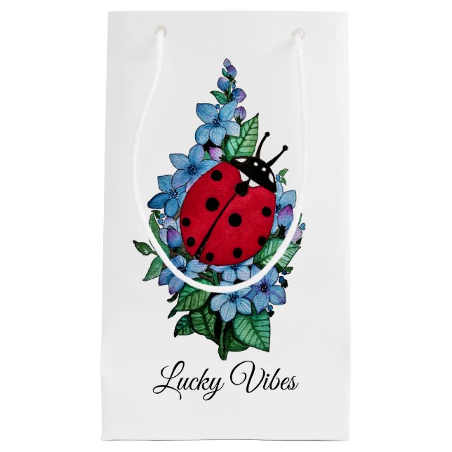 Petit Sac Cadeau Aquarelle Cute Ladybird Avec Fleurs Bleues Sauvage (Devant)
