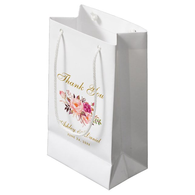 Petit Sac Cadeau Aquarelle Floral Rose Blush Gold Mariage Merci (Devant Angle)