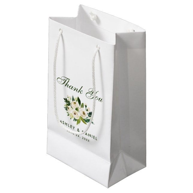 Petit Sac Cadeau Aquarelle Floral Vert Mariage blanc Merci (Devant Angle)