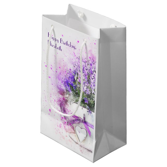 Petit Sac Cadeau Aquarelle florale de Lavande personnalisée Anniver (Devant Angle)