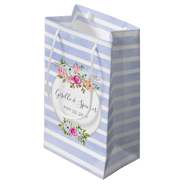 Petit Sac Cadeau Aquarelle florale moderne Rose Marine Stripe Favor (Devant Angle)
