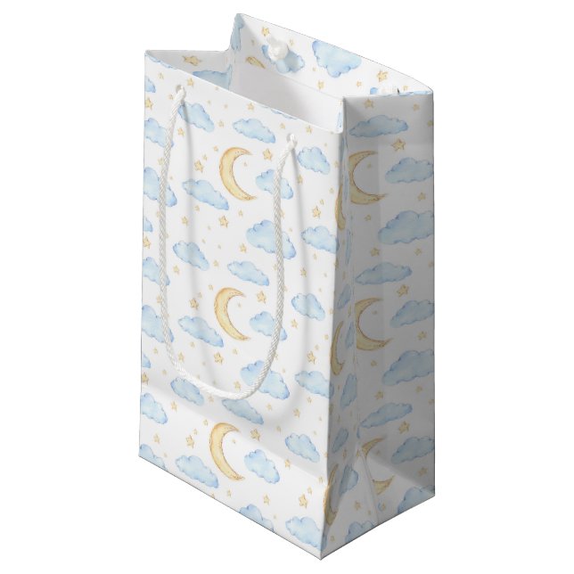 Petit Sac Cadeau Aquarelle Lune étoiles et nuages Motif (Devant Angle)