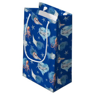 Petit Sac Cadeau Aquarelle Mer Animaux Bleu Profond