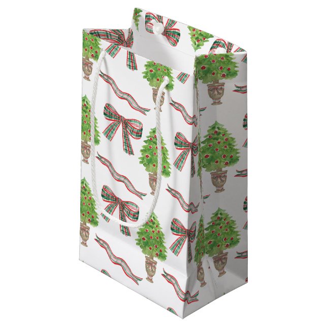 Petit Sac Cadeau Aquarelle Noël Plaid Bow & Topiary (Devant Angle)