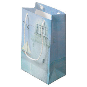 Petit Sac Cadeau aquarelle phare blanc avec voilier