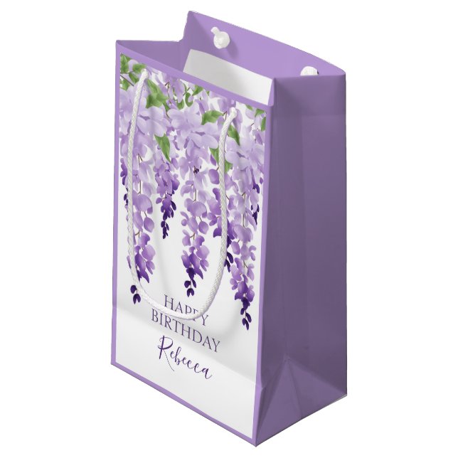 Petit Sac Cadeau Aquarelle Wisteria Nom personnalisé | Anniversaire (Devant Angle)