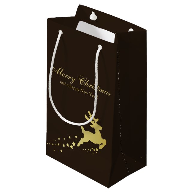 Petit Sac Cadeau Arbre de Noël doré avec rennes (Devant Angle)