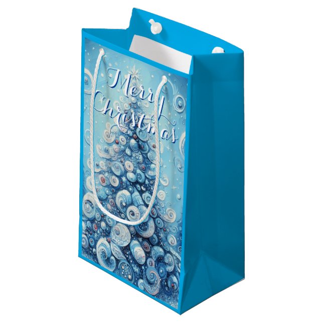 Petit Sac Cadeau Arbre de Noël impressionniste Whimsical Bleu (Devant Angle)