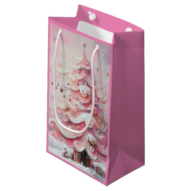 Petit Sac Cadeau Arbre de Noël Whimsical Pink White (Devant Angle)