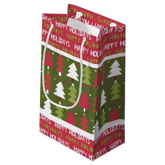 Petit Sac Cadeau Arbres rouges, blancs et verts de Noël (Dos Angle)
