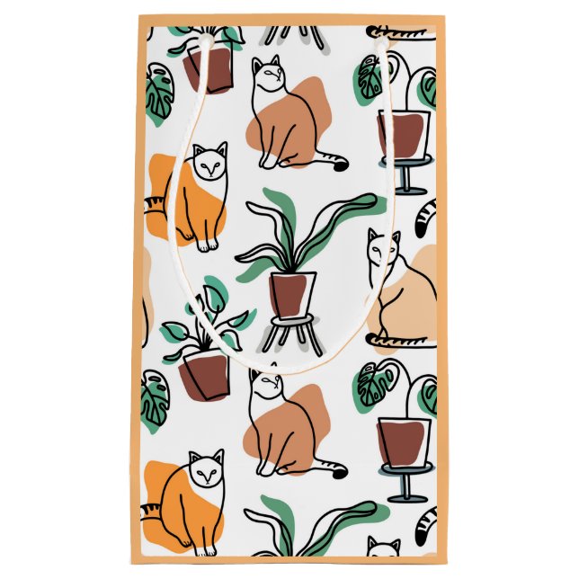 Petit Sac Cadeau Art de trait dessin chats et fleurs (Devant)