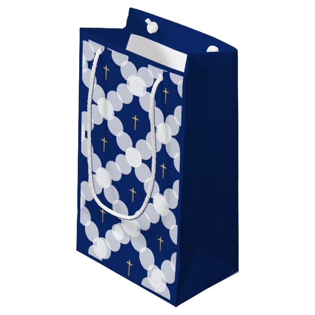Petit Sac Cadeau Baby Boy baptism bleu foncé croix or blanc (Devant Angle)