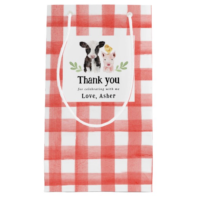 Petit Sac Cadeau Baby Farm Animaux En vichy rouge (Devant)