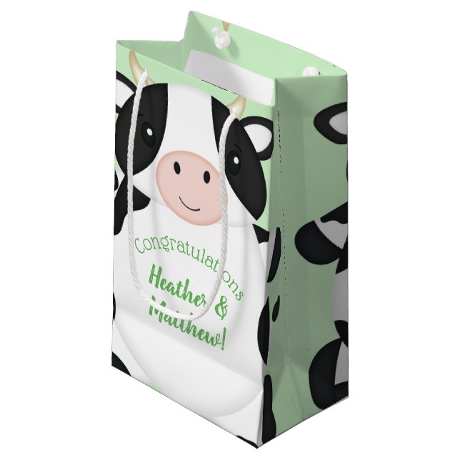 Petit Sac Cadeau Baby shower de vache vert (Devant Angle)