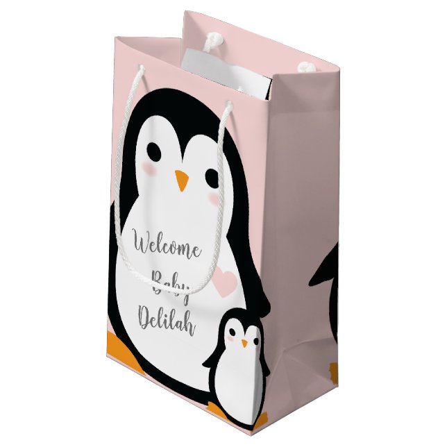 Petit Sac Cadeau Baby shower Pingouin mignon fille rose (Dos Angle)