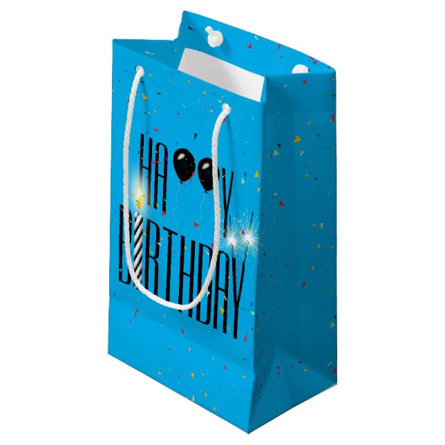 Petit Sac Cadeau Ballons d'anniversaire noirs et parklers (Devant Angle)