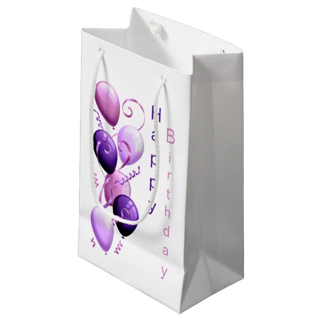 Petit Sac Cadeau Ballons violets, Joyeux Cadeau Anniversaire (Devant Angle)