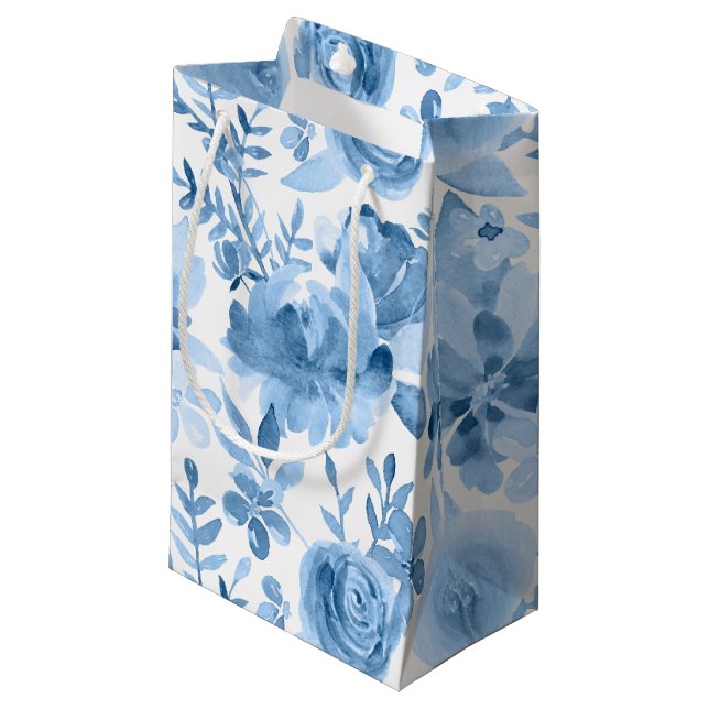 Petit Sac Cadeau Belle aquarelle bleue et blanche florale (Devant Angle)
