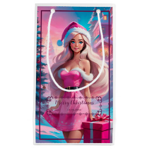 Petit Sac Cadeau Belle fille de Noël rose 01