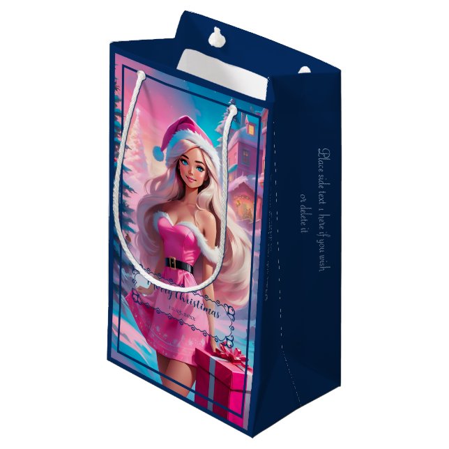 Petit Sac Cadeau Belle fille de Noël rose 01 (Devant Angle)