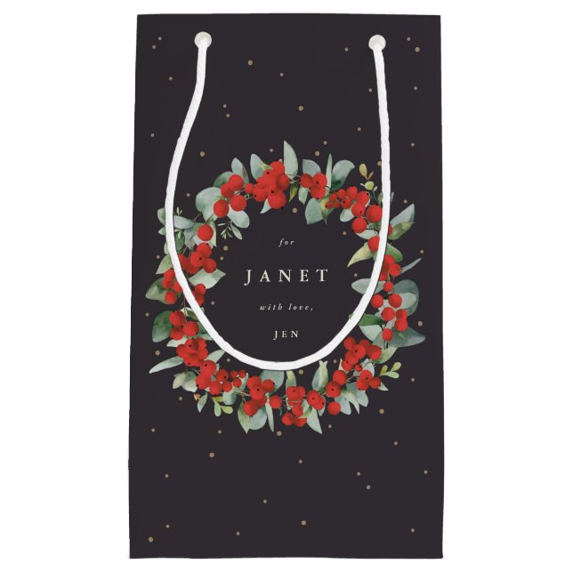 Petit Sac Cadeau Berry rouge personnalisé + Eucalyptus Noël (Devant)