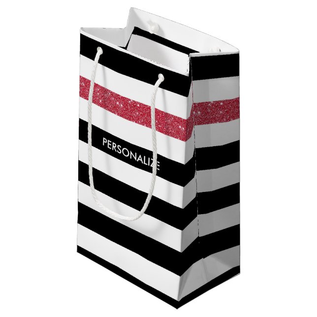 Petit Sac Cadeau Black Stripes FAUX Red Glitz et nom (Devant Angle)