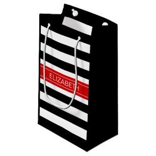 Petit Sac Cadeau Black White Horz Preppy Stripe rouge Nom Monogramm