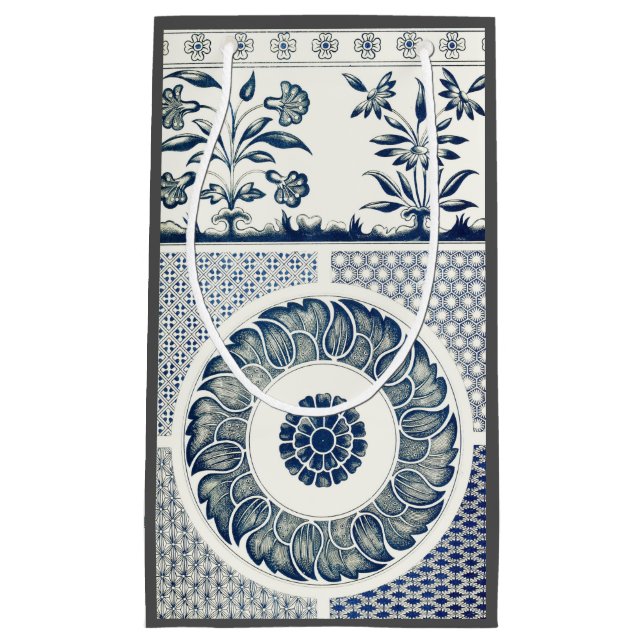 Petit Sac Cadeau Blanc bleu Floral chinois rond (Devant)