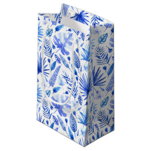 Petit Sac Cadeau Bleu de cobalt sur blanc Feuille Tropical Motif