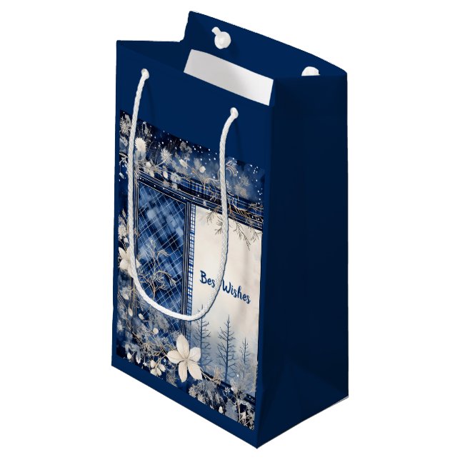 Petit Sac Cadeau Bleu et blanc Beau Noël Floral (Devant Angle)