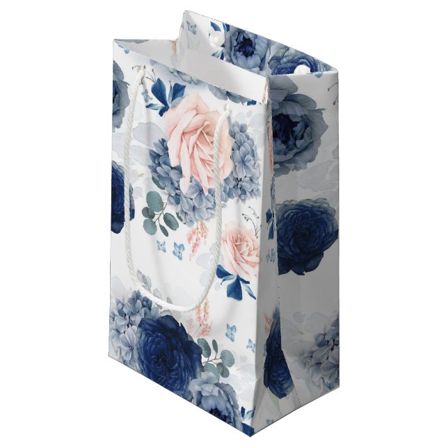 Petit Sac Cadeau Bleu et Fleurs rose pâle et doux élégant (Devant Angle)