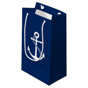 Petit Sac Cadeau Bleu marine nautique avec l'Ancre blanche